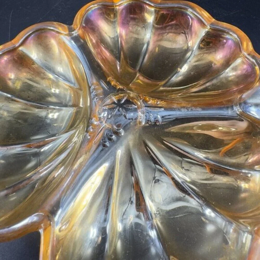 Vintage Carnival Glass Shamrock Dish‎ Divided Relish Iridescent Finish Tray Dish
